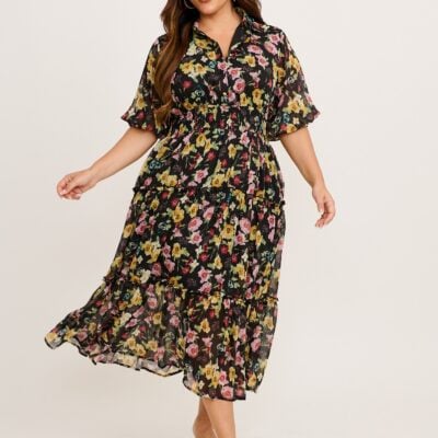 St Frock Brittney Midi Dress in Black Multi Floral Chiffon - Image 1