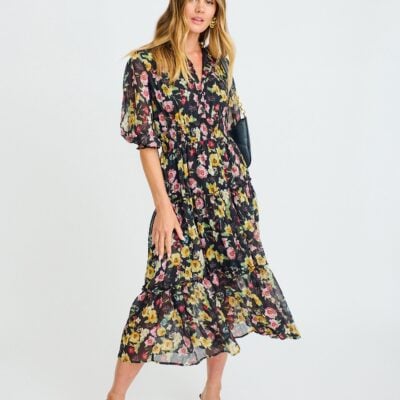 St Frock Brittney Midi Dress in Black Multi Floral Chiffon - Image 2