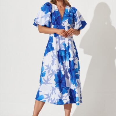 St Frock Daydreamer Midi Dress In White With Blue Flower Print - Image 1