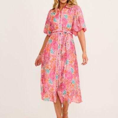 St Frock Enchanted Hour Midi Shirt Dress in Pink Floral Cotton Blend - Image 1