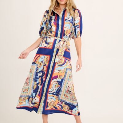 St Frock Gabriela Maxi Shirt Dress In Navy Multi Print Satin - Image 1