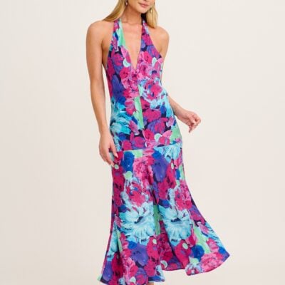 St Frock Glaze Halter Neck Maxi Dress in Multi Watercolour Satin - Image 1
