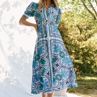 St Frock Halswell Maxi Shirt Dress In Blue And Green Tile Print - Image 1