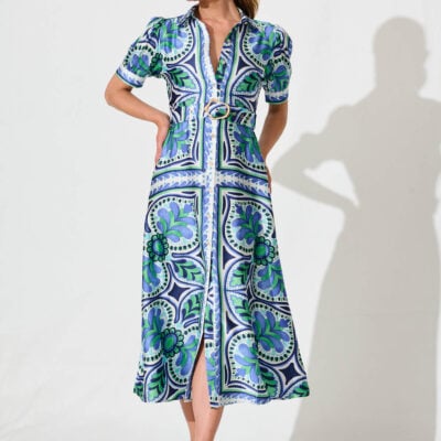 St Frock Halswell Maxi Shirt Dress In Blue And Green Tile Print - Image 2