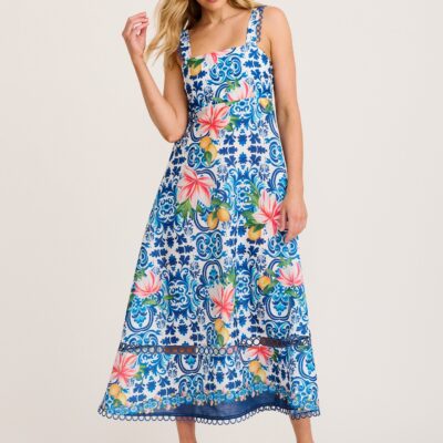 St Frock Luxe Enchant Maxi Dress in Blue Multi Tiles Print Linen Blend - Image 1