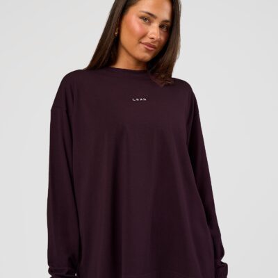 Go-To Long Sleeve FLXCotton Oversized Tee - Midnight Plum-White | LSKD - Image 1