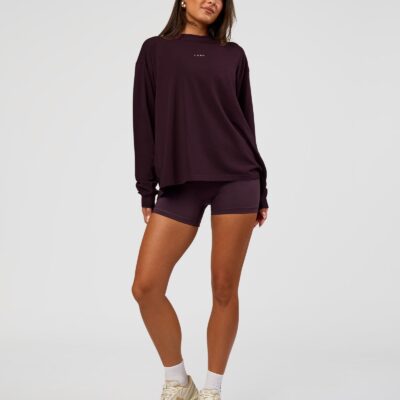 Go-To Long Sleeve FLXCotton Oversized Tee - Midnight Plum-White | LSKD - Image 2