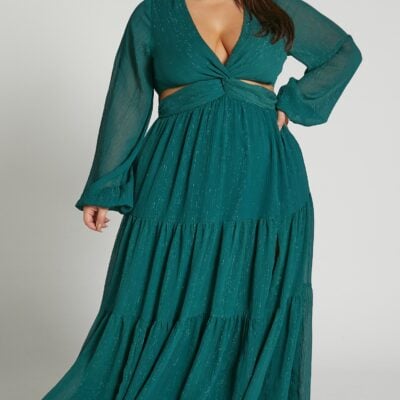 Showpo Edelyn Midi Dress - Cut Out Balloon Sleeve Tiered Dress In Emerald - Image 2
