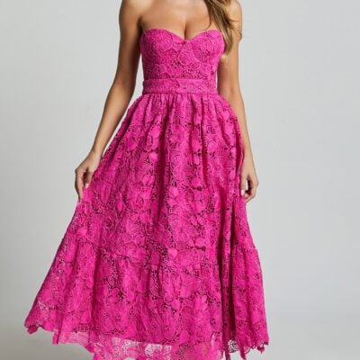 Showpo Gabriela Midi Dress - Strapless Lace Dress In Magenta - Image 1