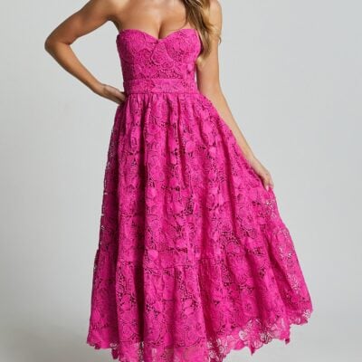 Showpo Gabriela Midi Dress - Strapless Lace Dress In Magenta - Image 2