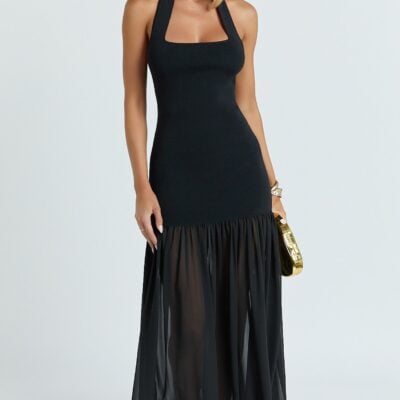 Showpo Barbara Maxi Dress - Halter Scoop Neck Contrast Georgette Dress In Black - Image 1