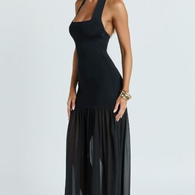 Showpo Barbara Maxi Dress - Halter Scoop Neck Contrast Georgette Dress In Black - Image 2