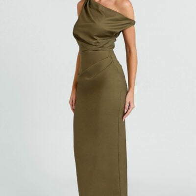 Showpo Alexandria Midi Dress - Tip Shoulder Draped Fitted Dress In Olive - Image 2