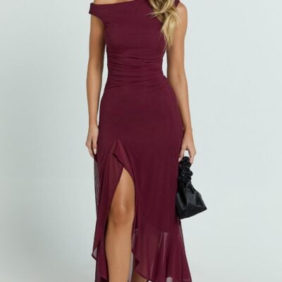 Showpo Judee Midi Dress - One Shoulder High Side Split Dress In Wine - Image 1