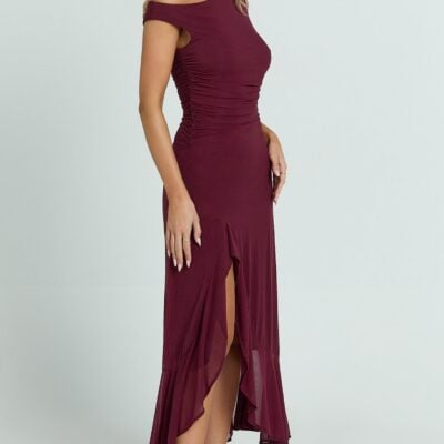 Showpo Judee Midi Dress - One Shoulder High Side Split Dress In Wine - Image 2