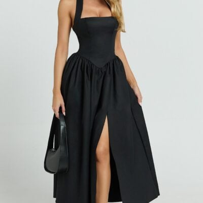 Showpo Helda Midi Dress - Halter Tie Neck Corset Panel Dress In Black - Image 1