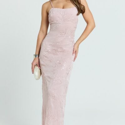 Showpo Elysia Maxi Dress - Sequin Straight Neck Tie Back Dress In Pale Pink - Image 1
