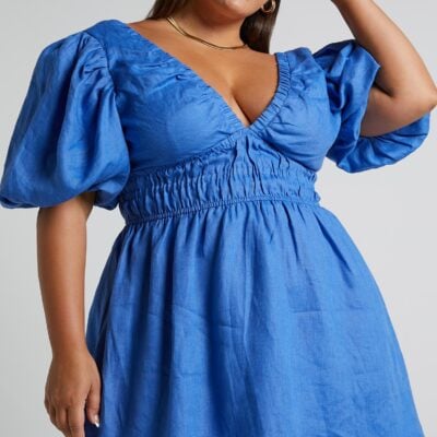 Showpo Amalie The Label - Khaila Linen Plunge Puff Sleeve Mini Linen Dress In Blue - Image 2