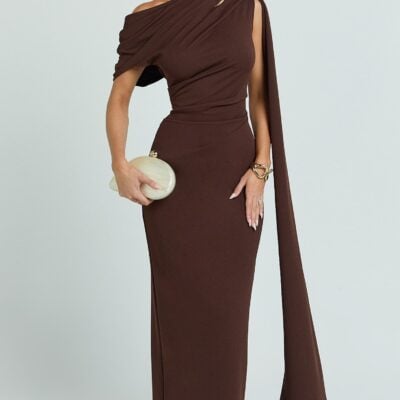Showpo Visenta Midi Dress - Asymmetrical Sleeve Dress In Brown - Image 1