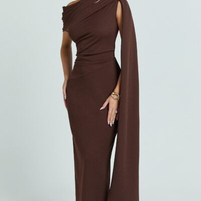 Showpo Visenta Midi Dress - Asymmetrical Sleeve Dress In Brown - Image 2