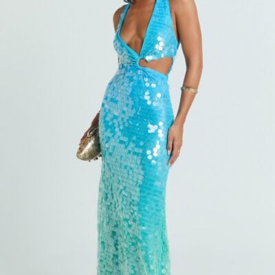 Showpo Savanna Maxi Dress - Ombre Sequin Halter Dress In Aqua - Image 2