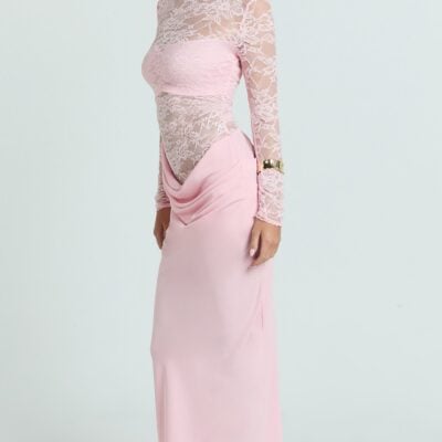 Showpo Crisanta Maxi Dress - Long Sleeve Contrast Lace Bodycon Dress In Pink - Image 2