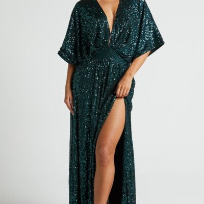 Showpo Miyah Maxi Dress - Sequin Plunge Short Sleeve Dress In Emerald - Image 1