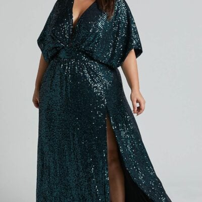 Showpo Miyah Maxi Dress - Sequin Plunge Short Sleeve Dress In Emerald - Image 2