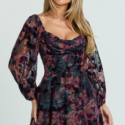 Showpo Jessell Mini Dress - Long Sleeve Cowl Corset Dress In Burnt Out Floral - Image 1