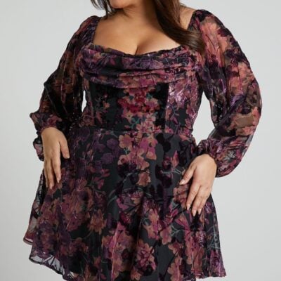 Showpo Jessell Mini Dress - Long Sleeve Cowl Corset Dress In Burnt Out Floral - Image 2