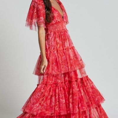 Showpo Leianna Midi Dress - Tulle Flutter Sleeve Tiered Ruffle Dress In Sunset Floral - Image 1