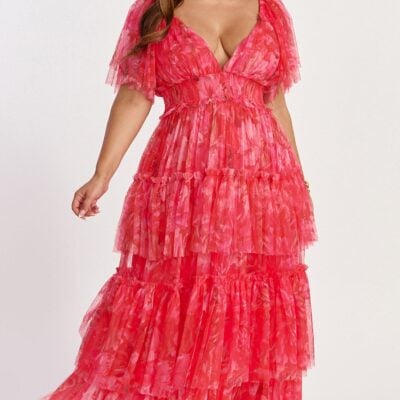 Showpo Leianna Midi Dress - Tulle Flutter Sleeve Tiered Ruffle Dress In Sunset Floral - Image 2