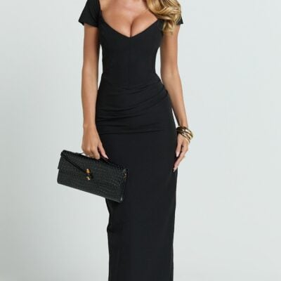 Showpo Veronika Maxi Dress - Off Shoulder Plunge High Split Dress In Black - Image 1