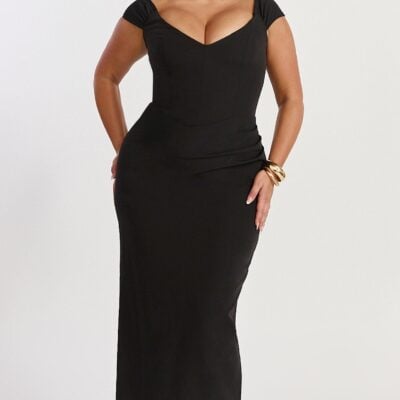 Showpo Veronika Maxi Dress - Off Shoulder Plunge High Split Dress In Black - Image 2