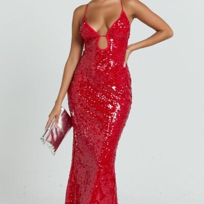 Showpo Finn Maxi Dress - Plunge Neck Sheer Sequin Slip Dress In Red - Image 1
