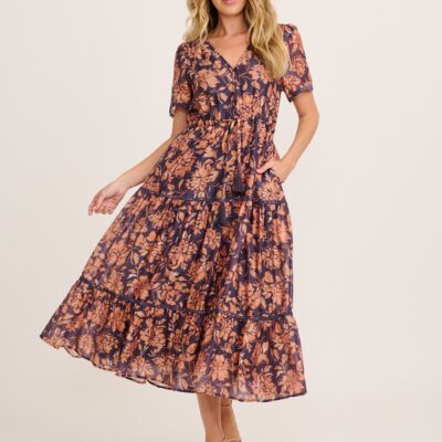 St Frock Posy Midi Dress in Navy with Rust Floral - Image 1