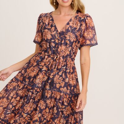 St Frock Posy Midi Dress in Navy with Rust Floral - Image 2