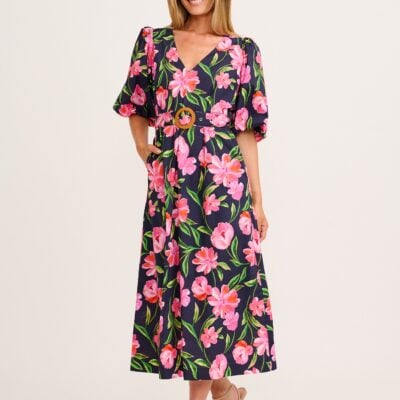 St Frock Rhaya Maxi Dress in Navy With Pink Floral Cotton - Image 1