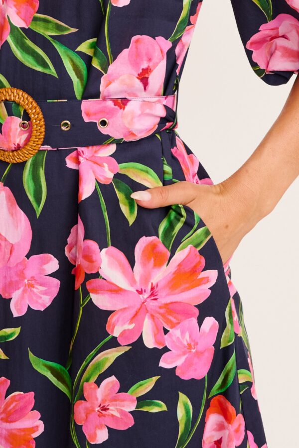 St Frock Rhaya Maxi Dress In Navy With Pink Floral Cotton - Miss Nelly