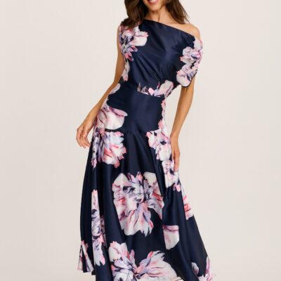 St Frock Spark Maxi Off Shoulder Dress in Navy Floral Satin - Image 1