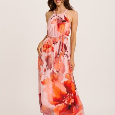 St Frock Style Flicker Halterneck Maxi Dress in Pink with Tangerine Floral - Image 1