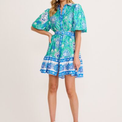 St Frock Tainy Shirt Dress in Green with Blue Floral Linen Blend - Image 1