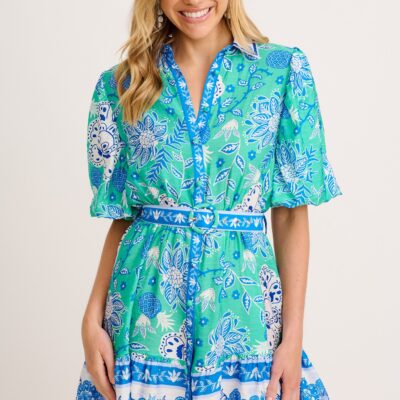 St Frock Tainy Shirt Dress in Green with Blue Floral Linen Blend - Image 2