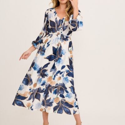 St Frock Vallora Maxi Dress in White with Navy Floral - Image 1