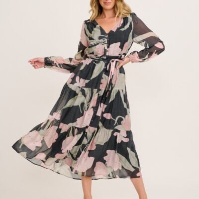 St Frock Versatile Midi Dress in Charcoal with Pink Floral - Image 1