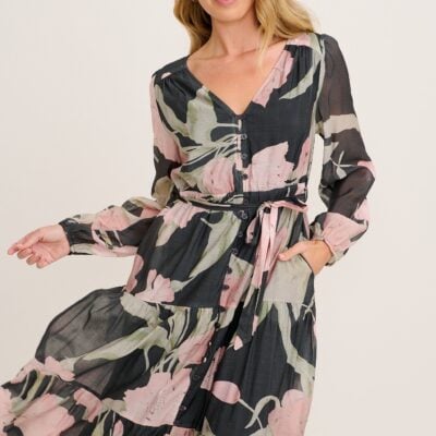 St Frock Versatile Midi Dress in Charcoal with Pink Floral - Image 2