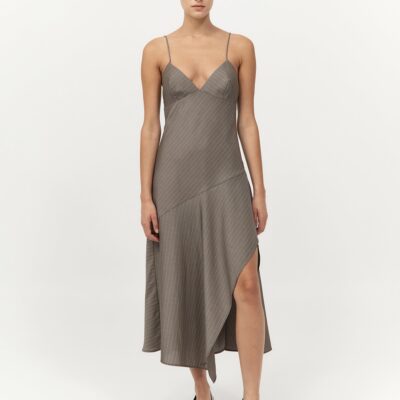 St. Agni Asymmetric Slip Dress - Khaki Pinstripe — XXS - Image 1