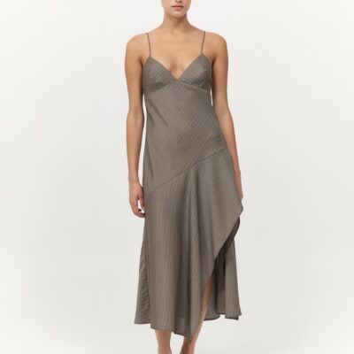 St. Agni Asymmetric Slip Dress - Khaki Pinstripe — XXS - Image 2