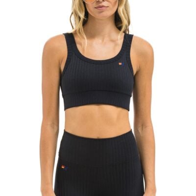 Aviator Nation WIDE RIB WOMEN'S SCOOP BACK SPORTS BRA - BLACK — XS - Image 1