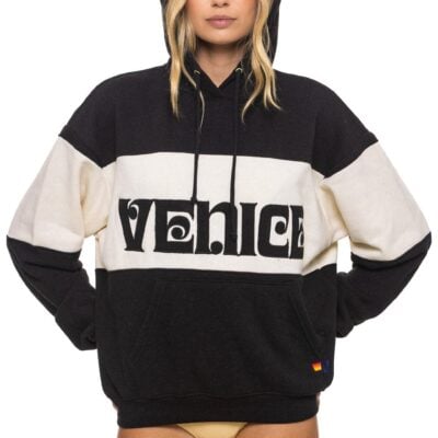Aviator Nation VENICE EMBROIDERY COLOR BLOCK PULLOVER HOODIE RELAXED - BLACK // VINTAGE WHITE — XS - Image 1